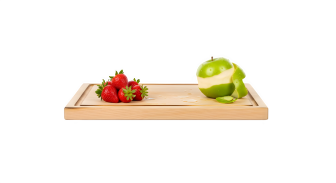 A minimalist composition featuring ripe strawberries and a partially peeled green apple elegantly placed on a simple wooden cutting board