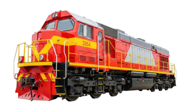 Red and yellow diesel locomotive transparent background cutout png