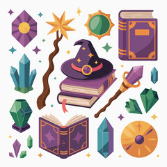 A collection of mystical items including magical books, crystal balls, and wands.
