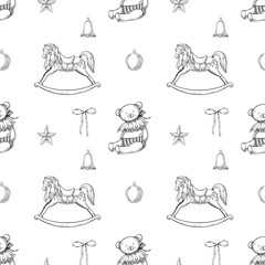 Seamless vector pattern with rocking horse, teddy bear, bells, and stars. Illustration of Background with vintage baby toys for Christmas wrapping paper or Xmas textiles in linear style.
