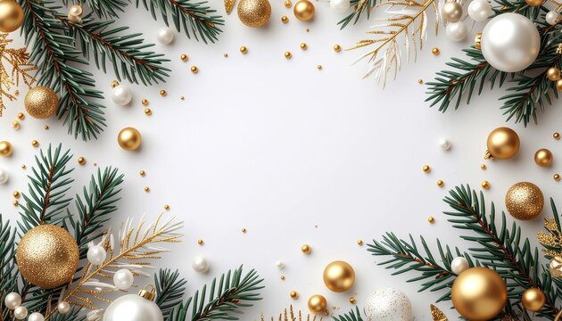 Spread holiday cheer with this elegant Christmas decoration featuring golden ornaments and pine branches on a clean white background for a festive mood. - Powered by Adobe