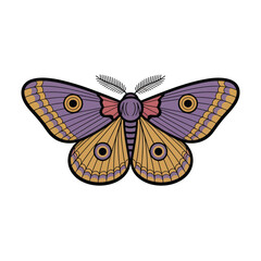 A stylized illustration of a moth with purple and gold wings and intricate patterns.