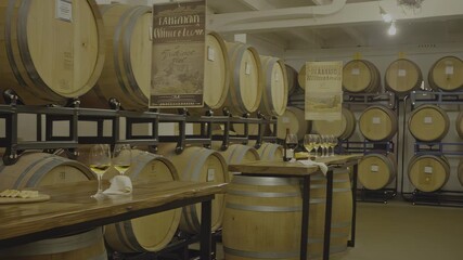 Wine cellar with wooden barrels, cheese, and glasses of white wine
