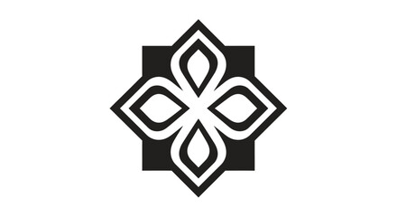 A black and white geometric floral design with diamond and petal shapes