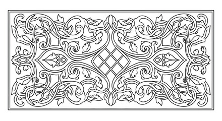 Intricate floral and geometric design in a black and white sketch style