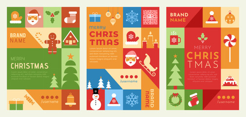 set of merry christmas greetings card with modern geometric flat holiday icons © graphicdepend