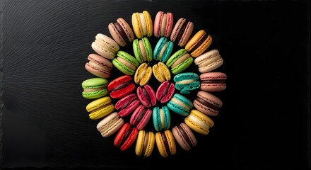 Vibrant assortment of colorful french macarons arranged in an oval shape on a dark surface