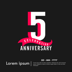 5th years anniversary celebration emblem. modern anniversary logo isolated with red ribbon on black background. vector illustration template design for web banner, flyers, poster, greeting card