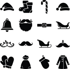 Santa Claus essential icon collection including hat, boots, and bell