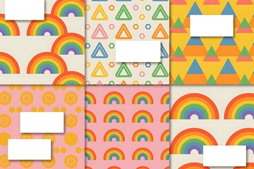 Fototapeta premium Rainbow vector geometric seamless patterns collection. Set of bright colorful backgrounds with modern minimal labels. Cute abstract geometrical textures. Simple pattern design for babies, kids, decor