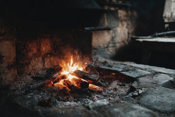 Rustic Fireplace Cooking with Cauldron and Wood Burning in Stone Hearth Close Up Shot