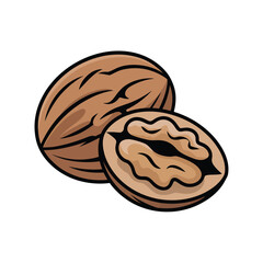 Two walnuts, one whole and one halved, are depicted against a white background.