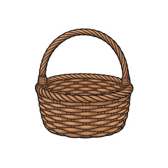 An empty woven wicker basket with a curved handle rests on a white background.
