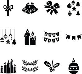 Ribbon, bell, garland, and candle icon set for holiday decoration