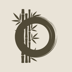 A minimalist graphic design featuring bamboo stalks and a circular brush stroke.