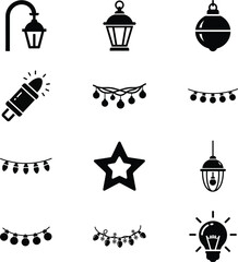 Christmas light icon set including star, bulb, and lantern