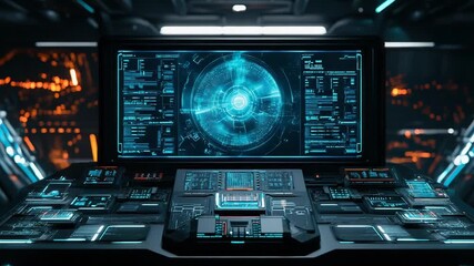 Futuristic control panel displaying holographic user interface data - Powered by Adobe