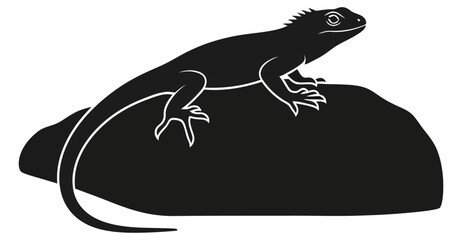 Minimalist Black Silhouette of Marine Iguana Reptile Resting on Rock Isolated Vector Icon