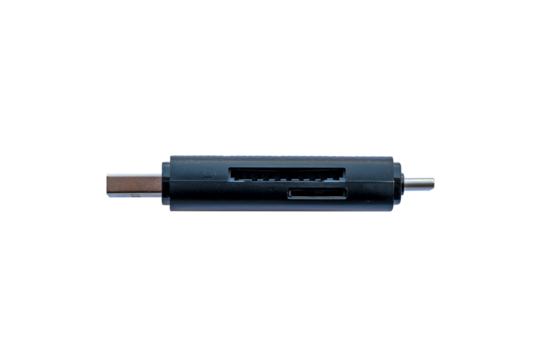 Multi-functional USB card reader with USB-A and USB-C connectors, supporting SD and microSD cards for fast data transfer and portable use
