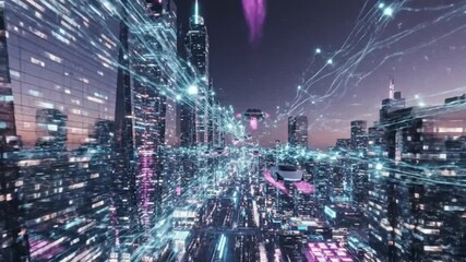 Futuristic digital network cityscape with floating holograms - Powered by Adobe