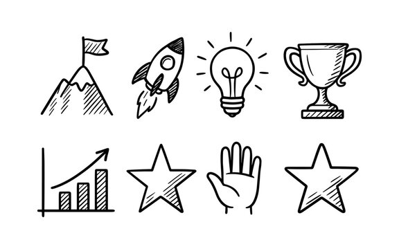 Hand drawn icons set featuring growth, achievement, and innovation symbols
