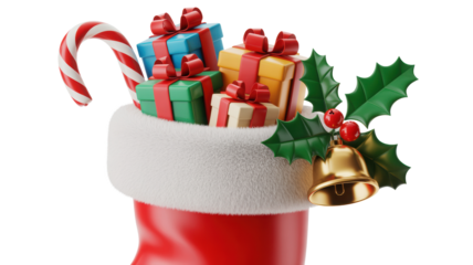 Festive christmas stocking overflowing with colorful wrapped gifts candy cane and holly with a golden bell isolated on transparent background