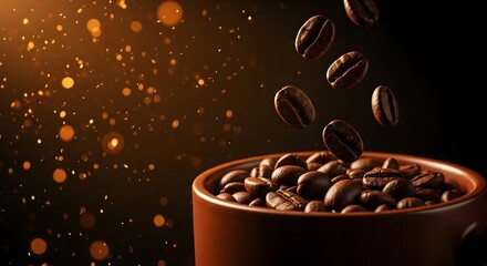 Rich dark roasted coffee beans falling into a warm ceramic cup with golden bokeh lights