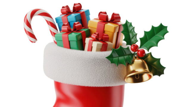 Festive christmas stocking overflowing with colorful wrapped gifts candy cane and holly with a golden bell isolated on transparent background - Powered by Adobe