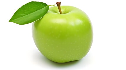  vibrant green apple with a fresh leaf and stem on a clean white background, perfect for health and wellness themes