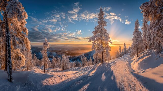 Majestic winter landscape at sunrise with snow covered pine trees and a golden sunburst illuminating the sky - Powered by Adobe