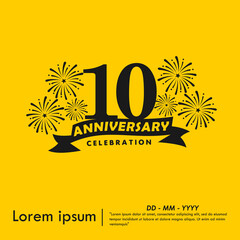 10th years anniversary celebration emblem. anniversary logo isolated with ribbon and fireworks, sparkler on yellow background. vector illustration template design for web