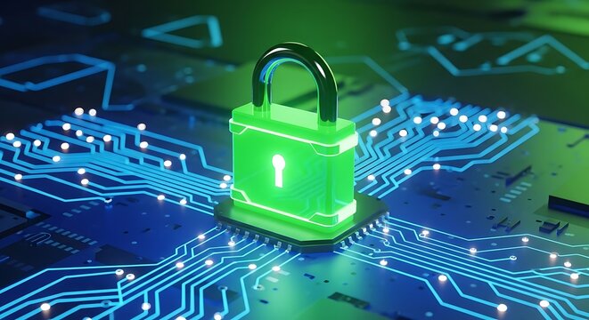 A glowing green padlock superimposed over a circuit board. The padlock appears to be protecting digital pathways and data - Powered by Adobe
