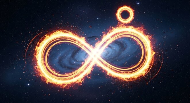 A glowing infinity symbol, encircled by fiery light, floats against a starry cosmic backdrop. A circular flame hovers above it