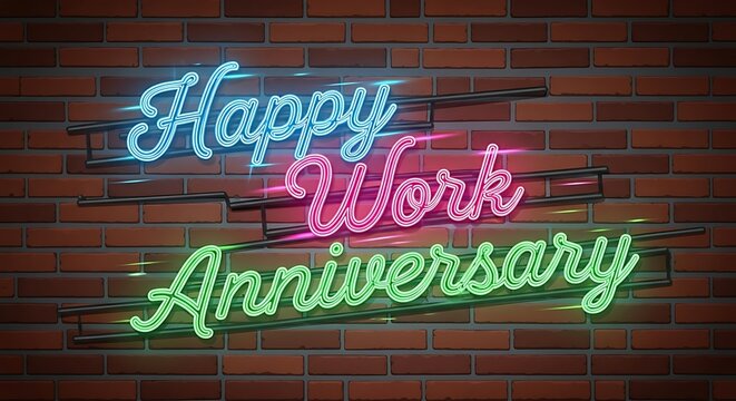 A glowing neon sign displays a celebratory message on a brick wall background. The text congratulates a work milestone - Powered by Adobe