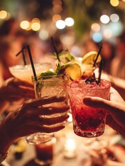 Friends toasting cocktails at night in bar setting close up view of drinks with bokeh lights in background