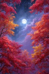 Autumnal Canopy Under Moonlight; Upward View of Red and Gold Leaves against Starry Night Sky; Dreamlike Fantasy Art