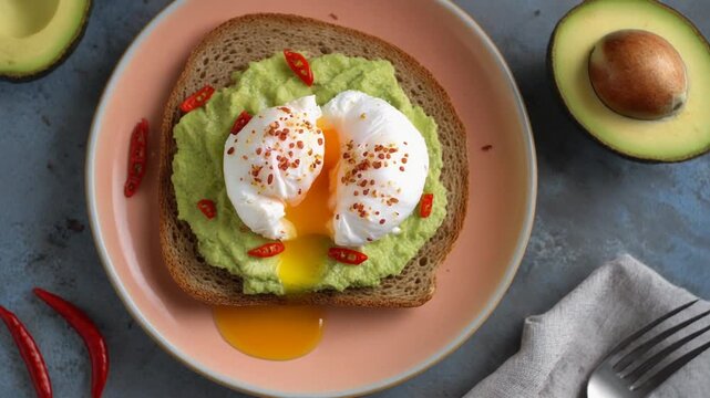 Avocado-Toast mit pochiertem Ei und Chili-Flocken
