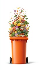 Overflowing Orange Food Waste Bin Studio Shot on White Background Zero Waste Concept Composting Food Scraps