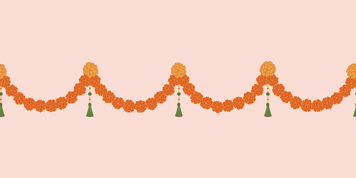 Marigold garland seamless border for Indian traditional festive decorations. Bright yellow and orange floral border for Diwali, Pongal festival, wedding, pooja or spiritual celebration.