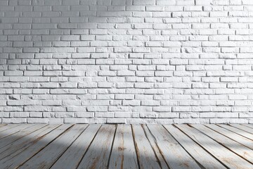 Fototapeta premium White brick wall with a wooden floor lit by sunlight casting shadows