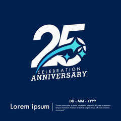 25th years anniversary celebration emblem. anniversary logo with sparkle stars on blue background. vector illustration template design for web banner