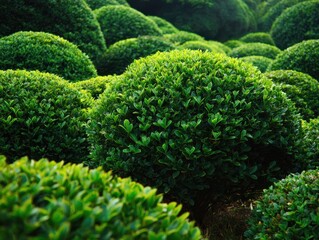 Lush topiary garden featuring meticulously trimmed boxwood shrubs in a rounded shape creating a serene and formal landscape design