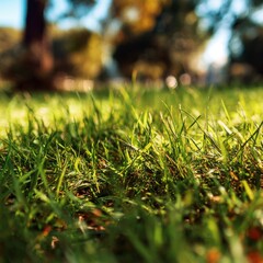 Close up of green grass blades on a sunny day in a park low angle view nature background lawn springtime