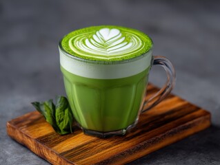 Matcha latte art in glass mug on wood board close up studio shot of green tea beverage drink with leaves