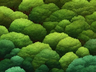 Aerial view of dense green tree canopy in forest, artistic rendering of lush foliage, vibrant nature scene, overhead shot