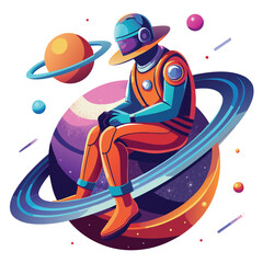 Colorful Astronaut Sitting on Planetary Rings in Space colorful astronaut