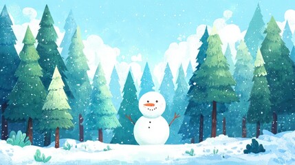 Charming snowman standing alone amidst a snowy forest with tall evergreen trees and falling snowflakes