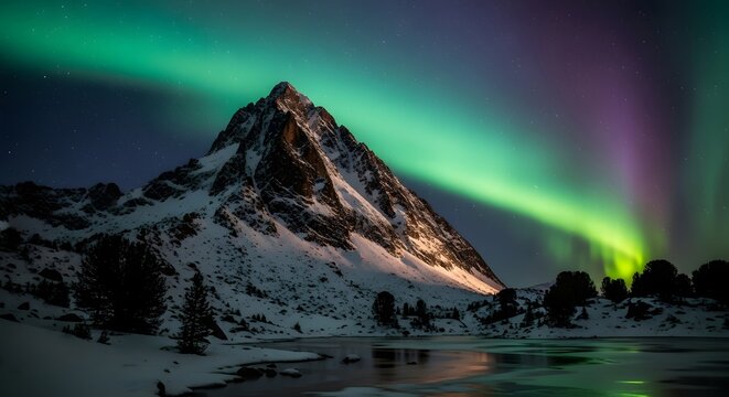 Majestic snow capped mountain illuminated by vibrant green and purple aurora borealis at night