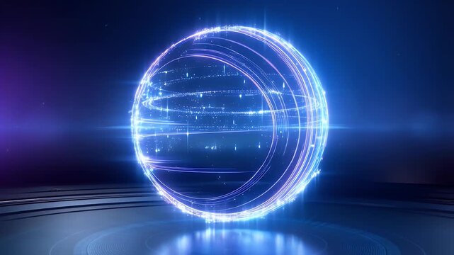 Glowing blue orb with concentric lines and dots against a dark background, representing parallel universes in space with a futuristic and technological mood.