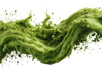 Matcha Green Tea Powder and Liquid Splashing in Dynamic Motion on White Background Studio Shot